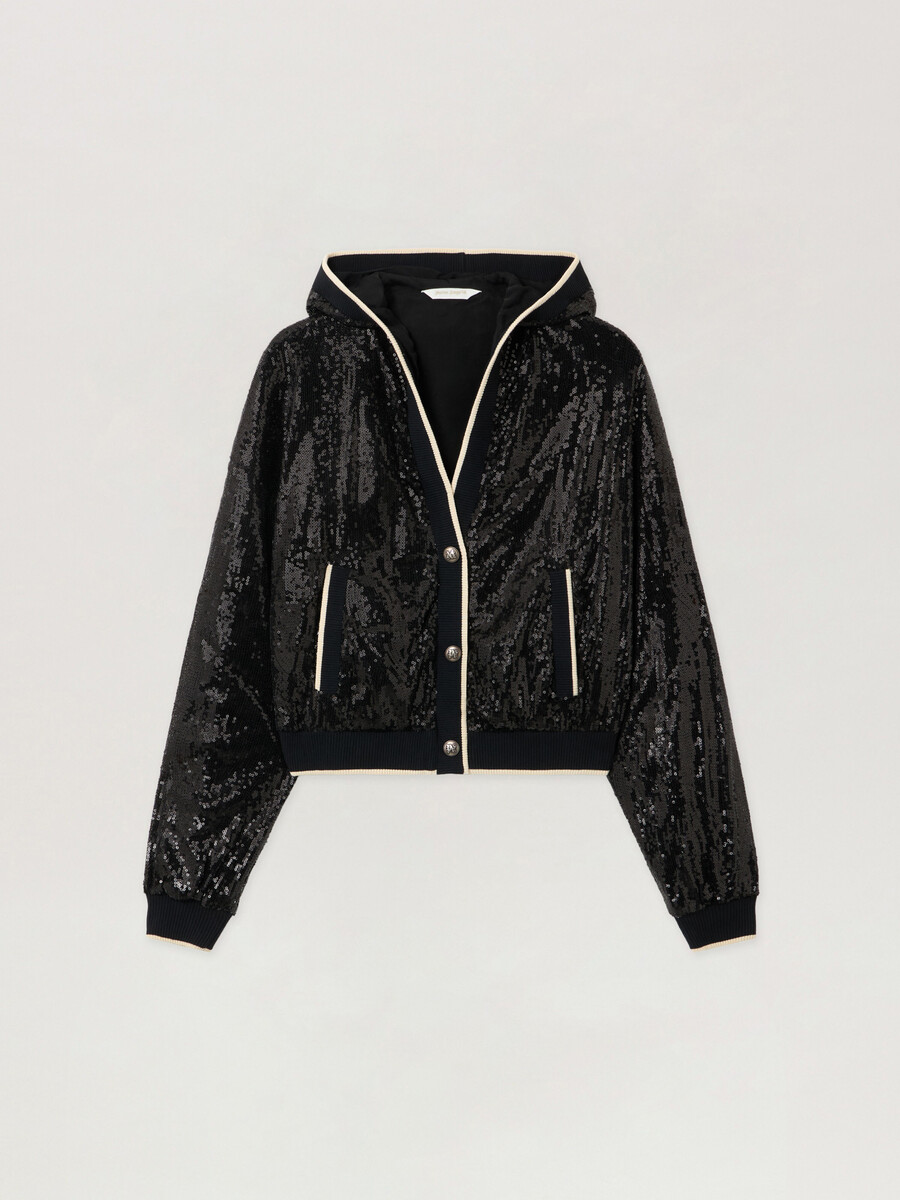 giacca corta con paillettes e logo curvo