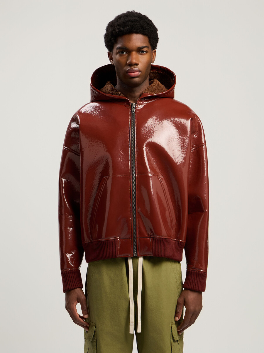 giubbotto bomber in vinile con logo curvo
