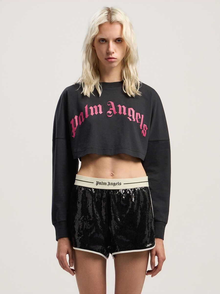 crop top a maniche lunghe con logo curvo